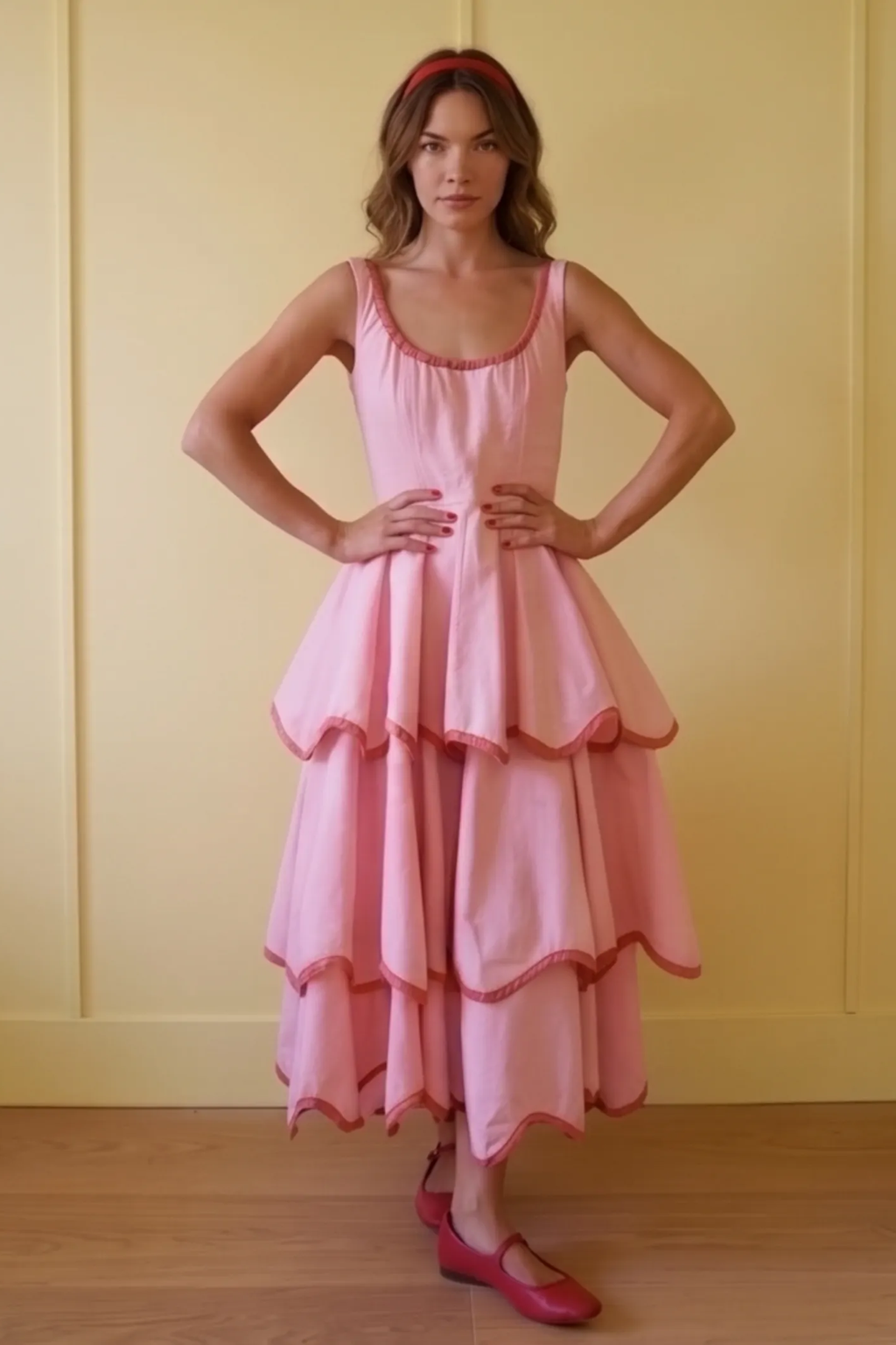 U-Neck Tiered Cake Midi-Length Dress