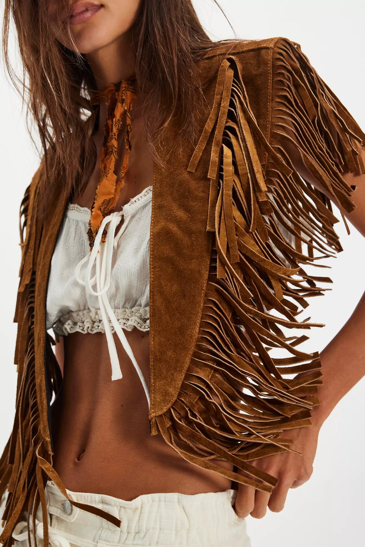 Modern Low-Profile Wide-Eye Suede Fringe Top