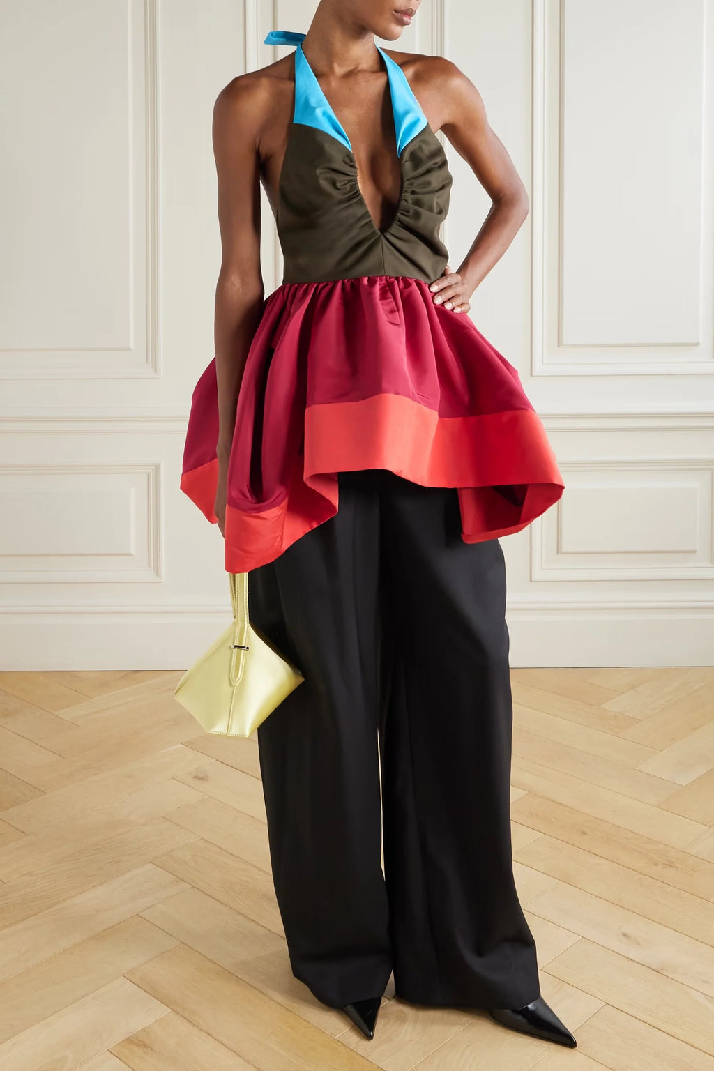 Modern Colorblock Halter Pleated Top