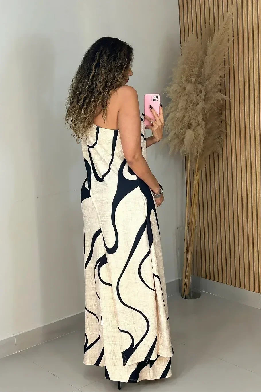 Abstract Wave One-Shoulder Maxi-Length Dress