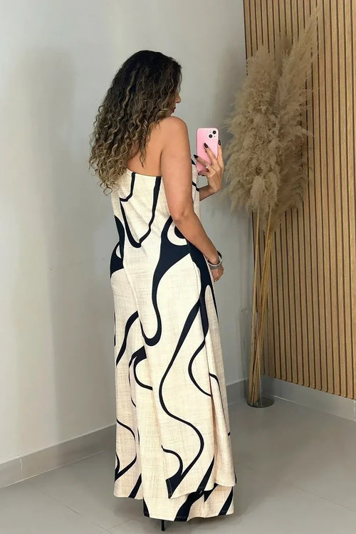 Abstract Wave One-Shoulder Maxi-Length Dress
