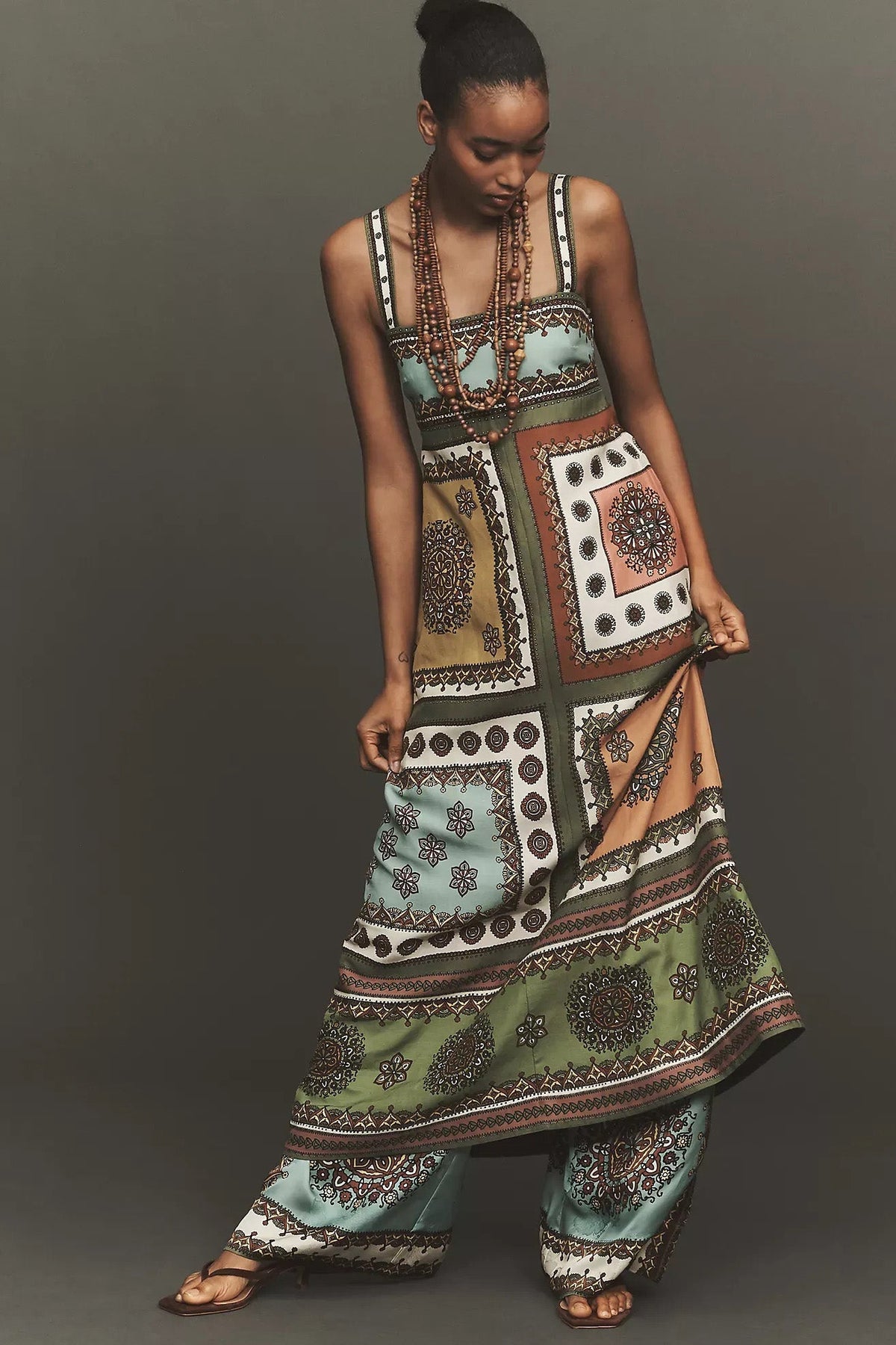 Patchwork Geometric Print Strap Midi-Length Dress