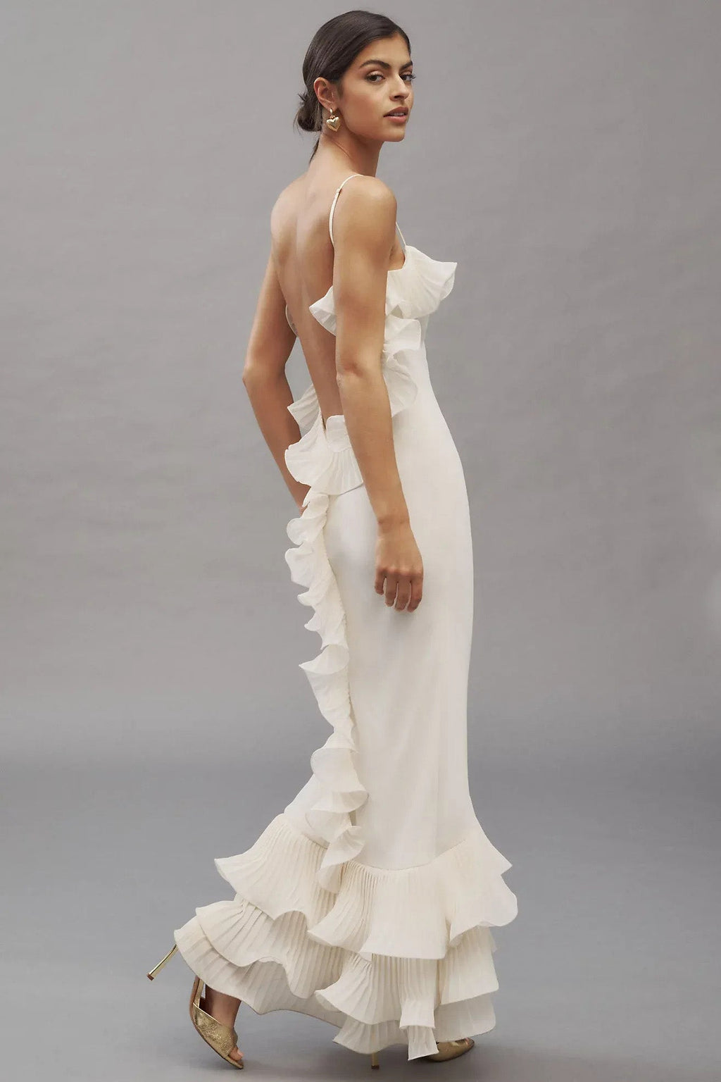 White Ruffled Open Back Slip Maxi-Length Dress