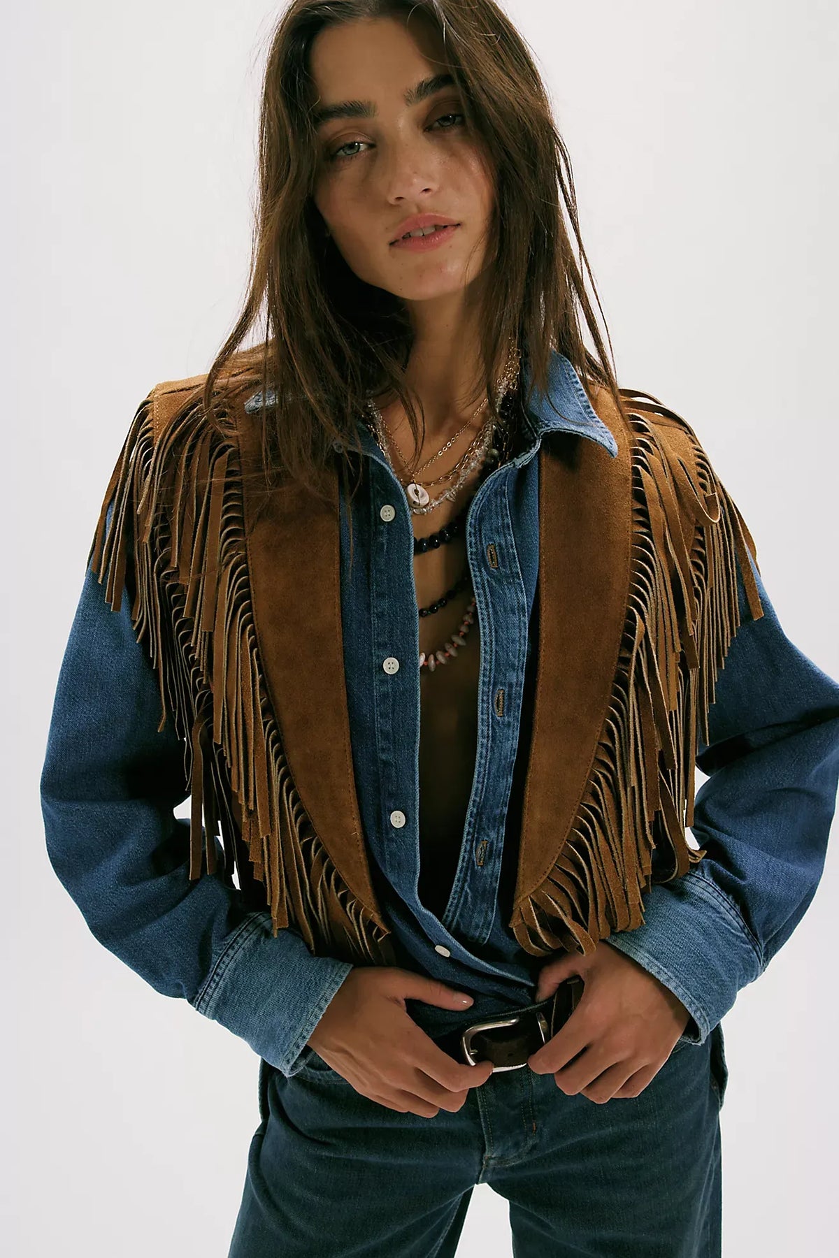 Modern Low-Profile Wide-Eye Suede Fringe Top