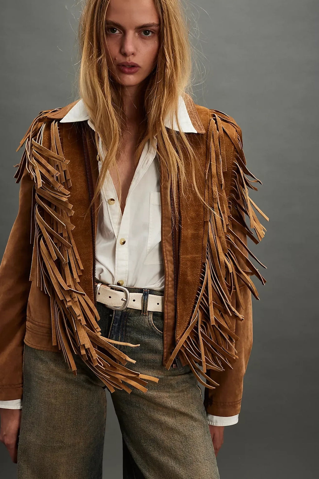 Modern Low-Profile Wide-Eye Suede Fringe Top