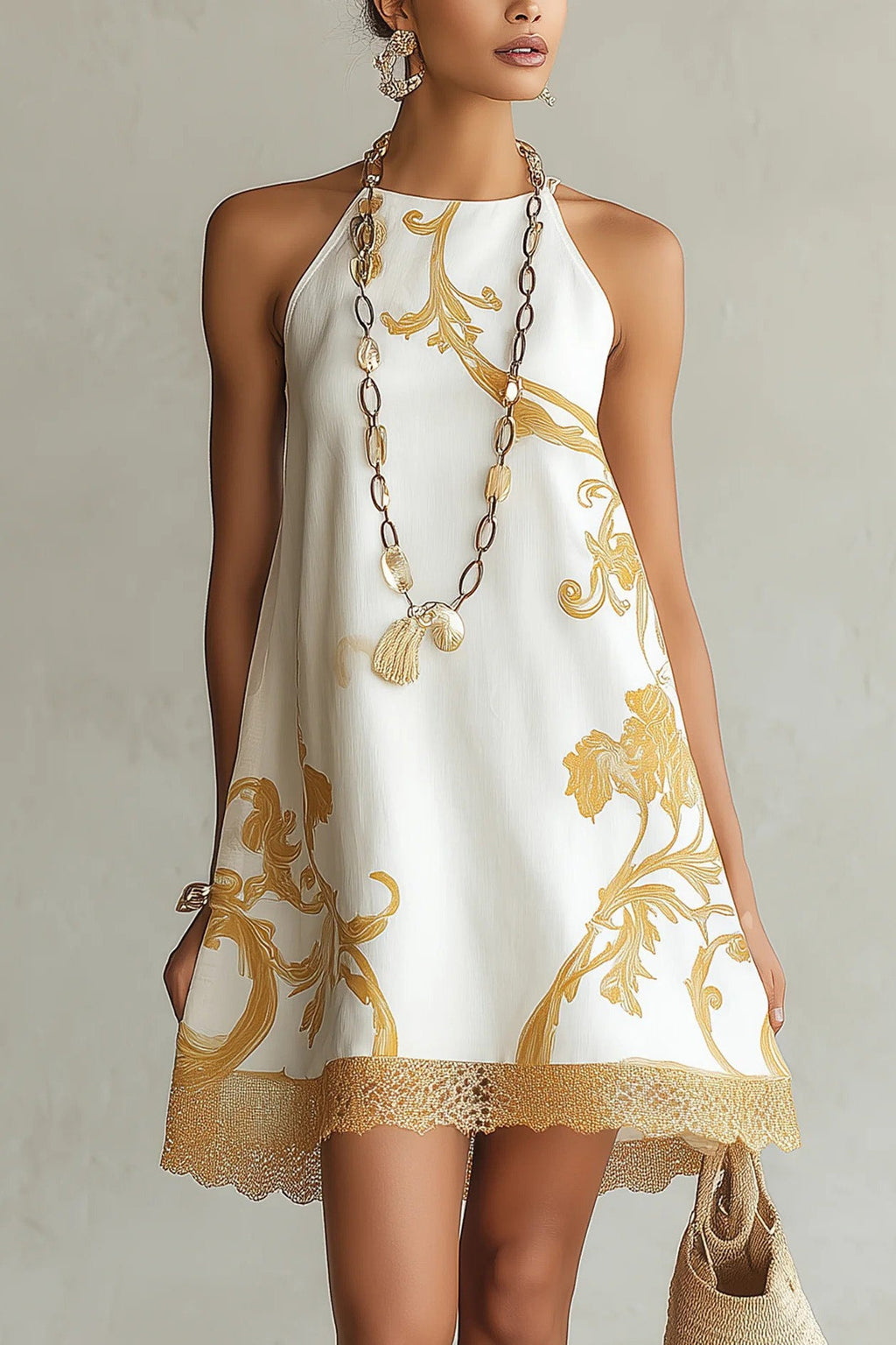 Golden Flower Halter A-Line Mini-Length Dress