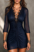 Lace Trim Mesh Ruched Mini-Length Dress