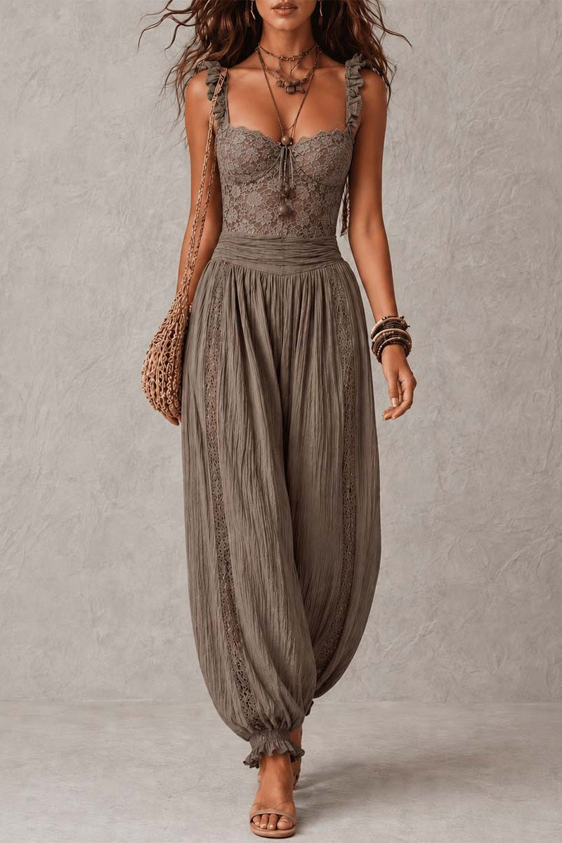 Gray Lace Bandeau and Pleated Cotton Harem Trousers Set