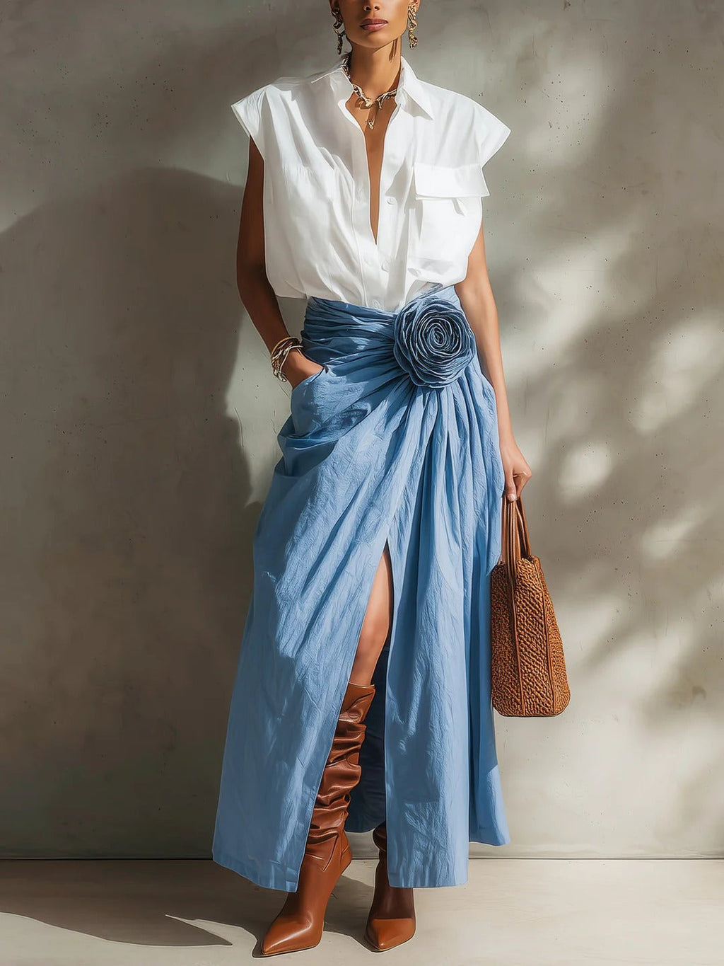 The Cotton Shirt And Flower Skirt Set