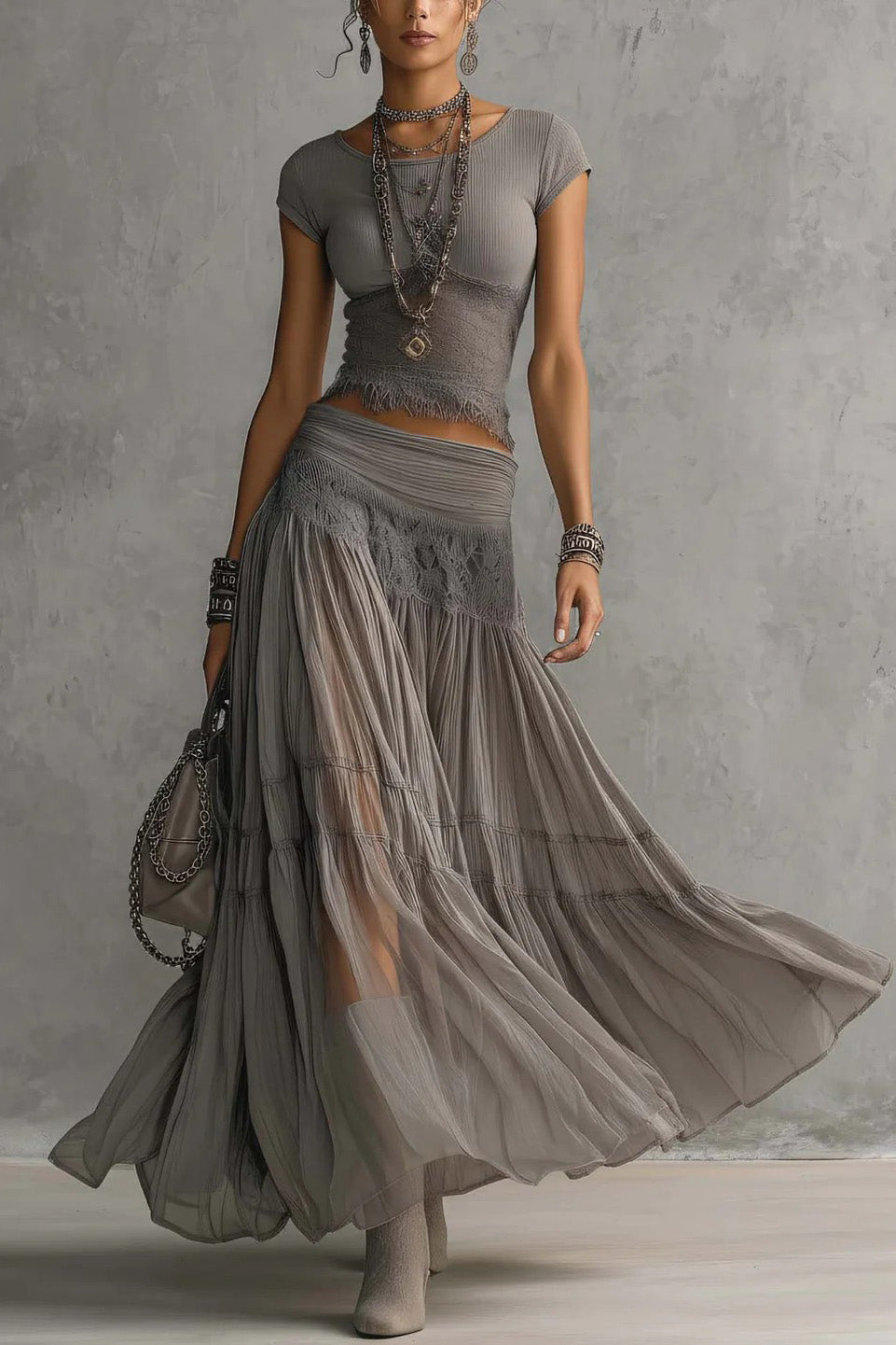 Gray Lace-Paneled Top and Pleated Maxi Skirt Set