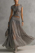 Gray Lace-Paneled Top and Pleated Maxi Skirt Set
