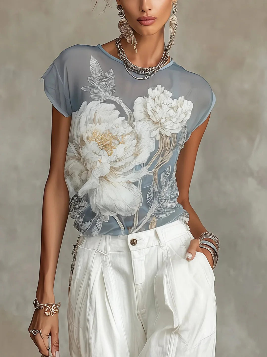 Blue Flower Chiffon Blouse