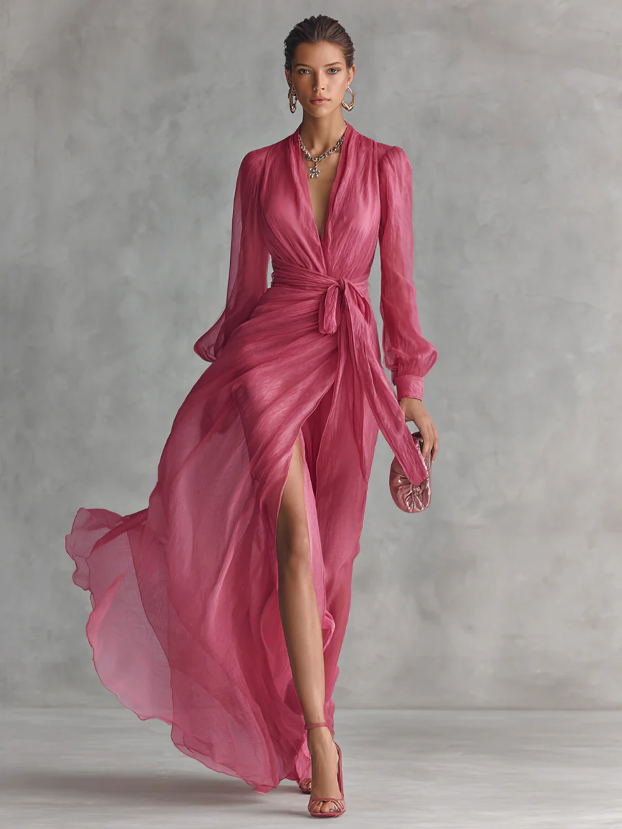 Refined Pearl Chiffon V-Neck Maxi-Length Dress
