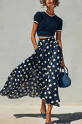 Coordinated Navy Knit Top And Polka Dot Chiffon Skirt Set