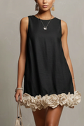 Black Cotton-Linen Mini-Length Dress With 3D Flower Hem