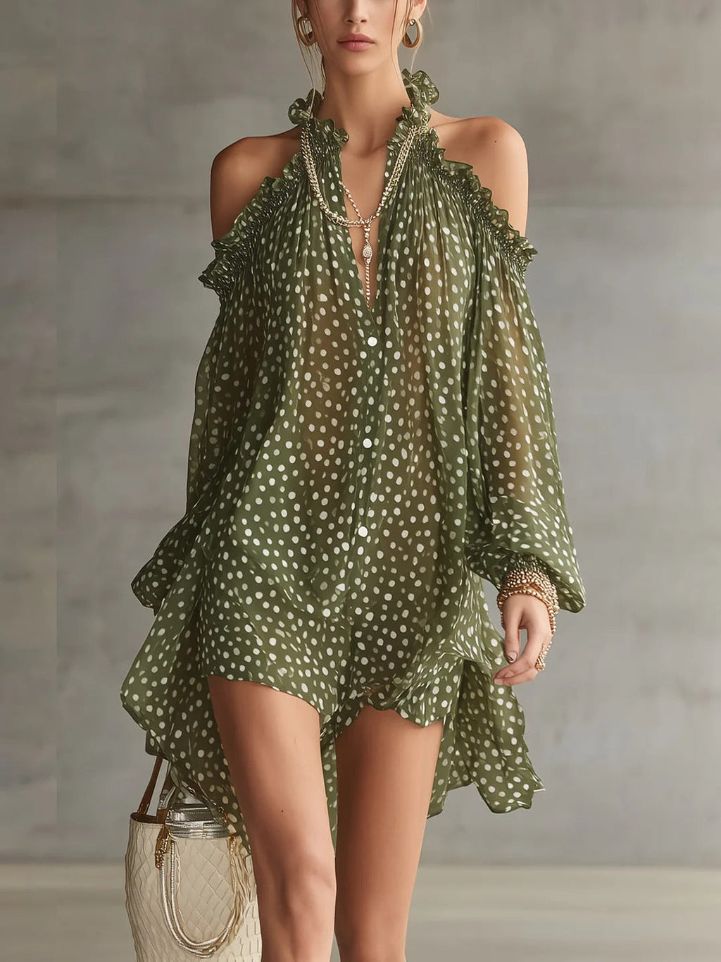 Green Polka Dot Cold Shoulder Mini-Length Dress With Ruffled Neckline