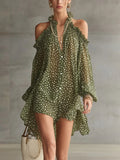 Green Polka Dot Cold Shoulder Mini-Length Dress With Ruffled Neckline
