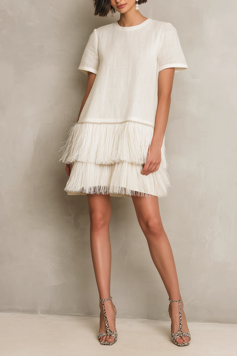 Clean-Lined Fringe Hem Mini-Length Dress