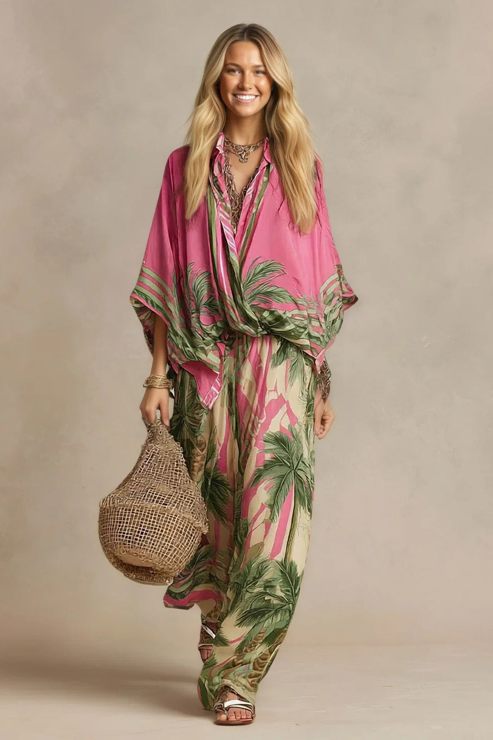 Coordinated Effortless Palm-Print Kimono Two-Piece Set