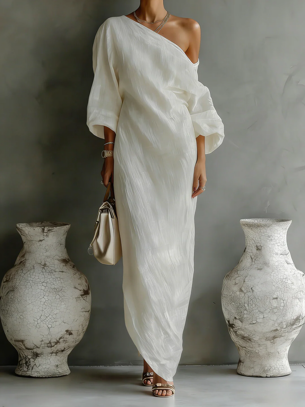Ivory White One-Shoulder Cotton-Linen Maxi-Length Dress