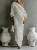 Ivory White One-Shoulder Cotton-Linen Maxi-Length Dress