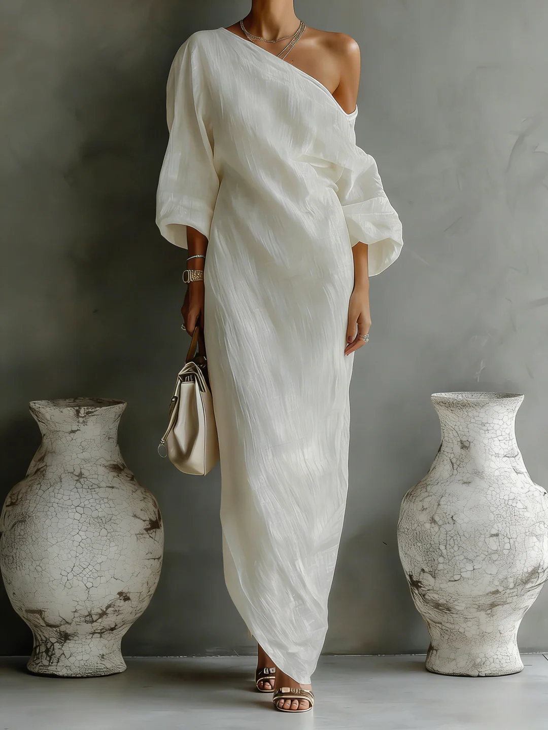 Ivory White One-Shoulder Cotton-Linen Maxi-Length Dress