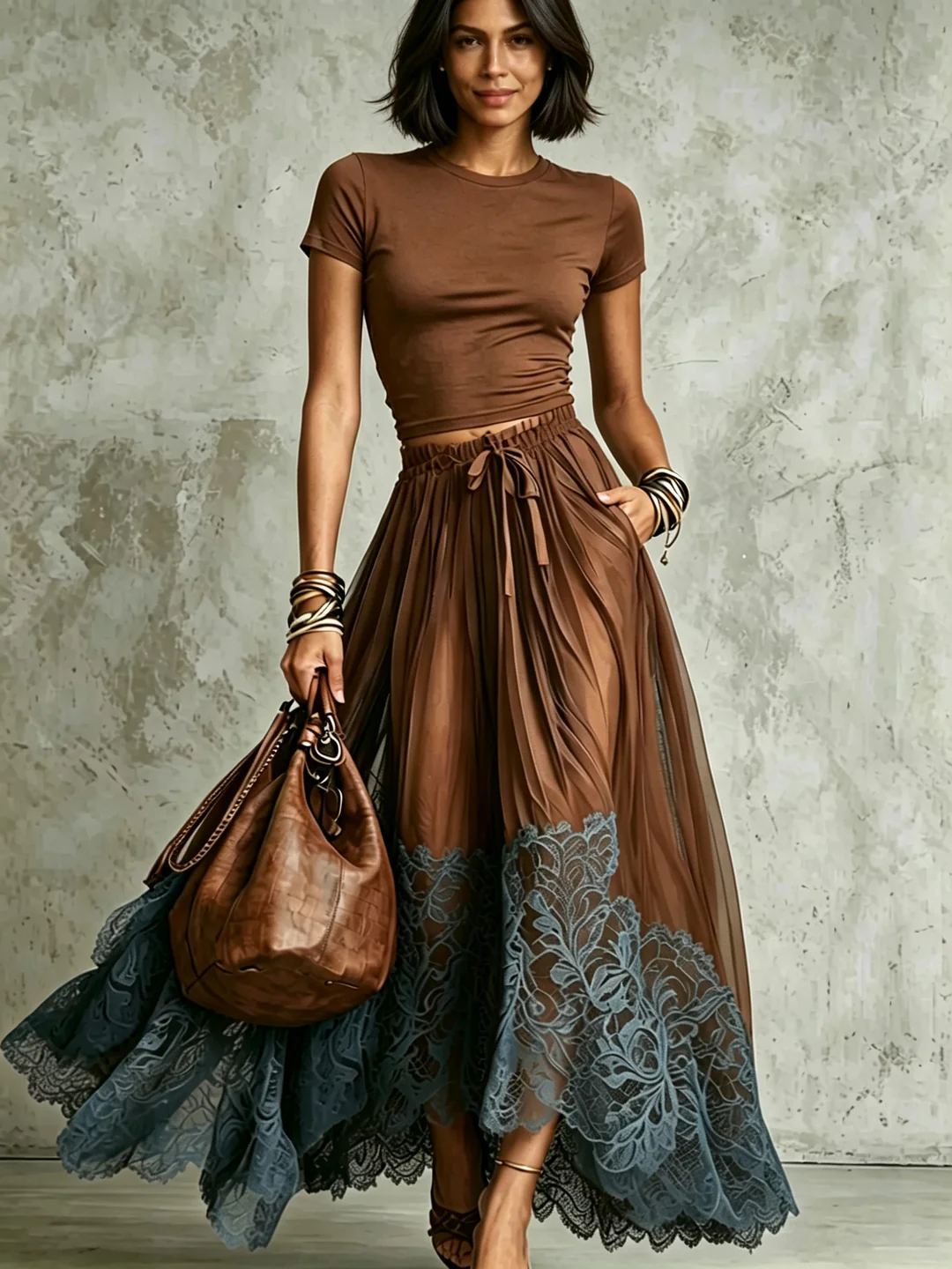 Coordinated Brown Blue Lace Tulle Skirt Set