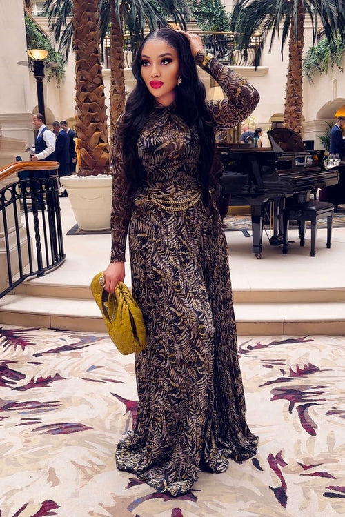 Brown Sheer Mesh Slim-Fit Maxi-Length Dress