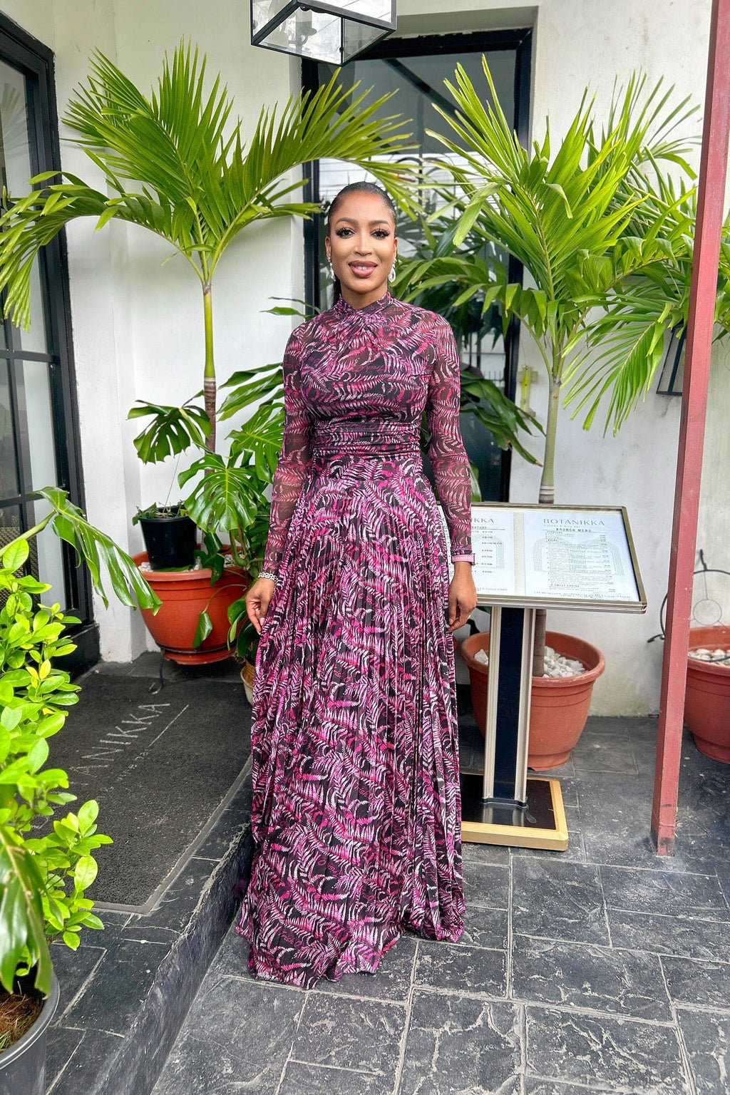 Tropical Print Mesh Maxi-Length Dress