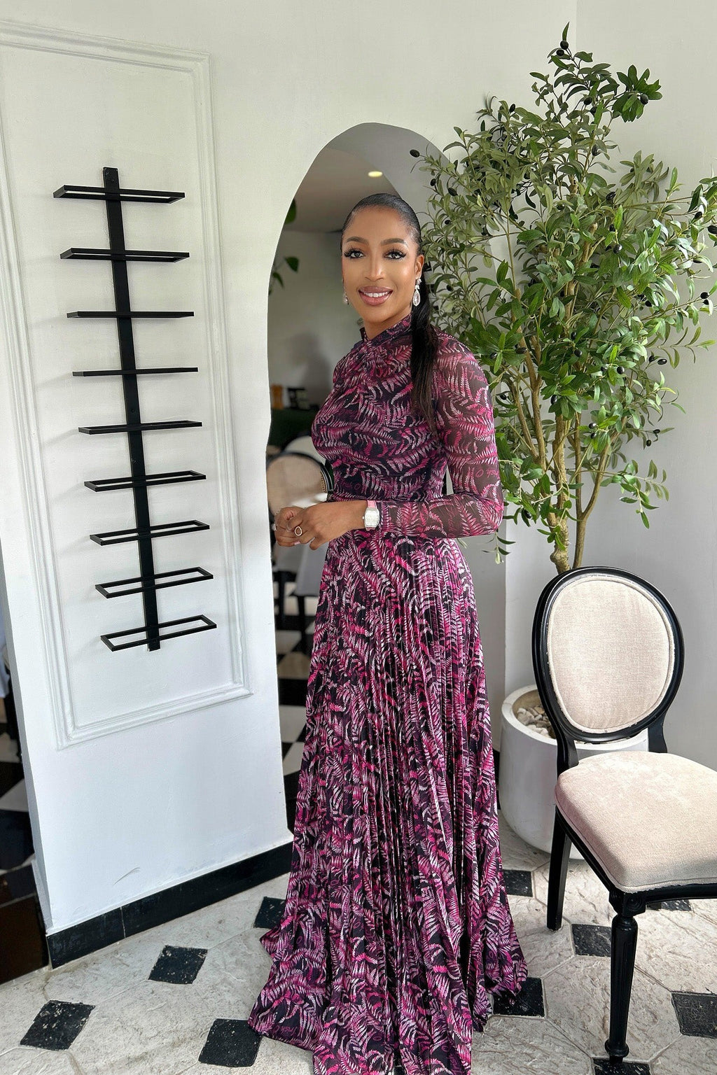 Tropical Print Mesh Maxi-Length Dress
