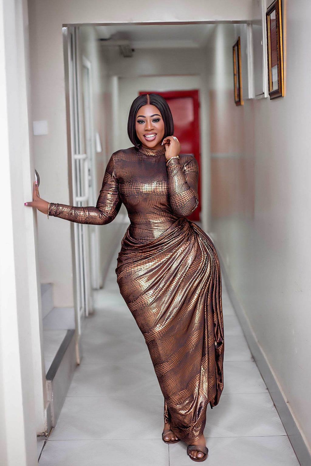 Liquid Bronze Asymmetric Tail Maxi-Length Dress