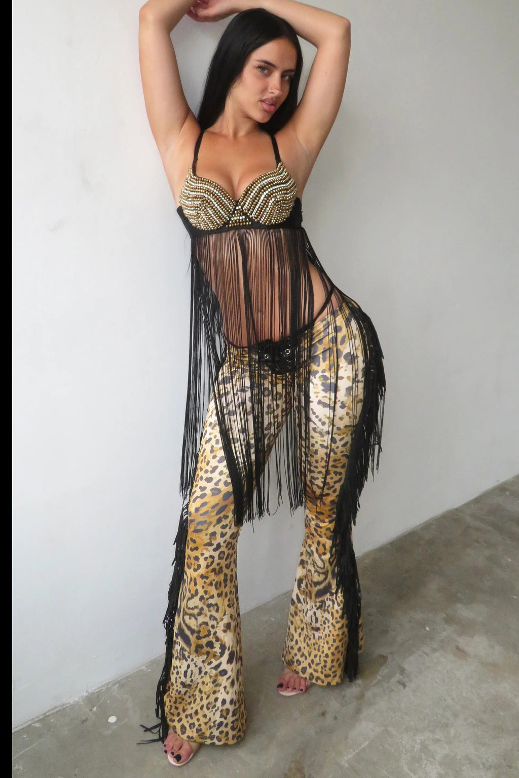 Leopard Fringe Lace-Up Flare Trousers