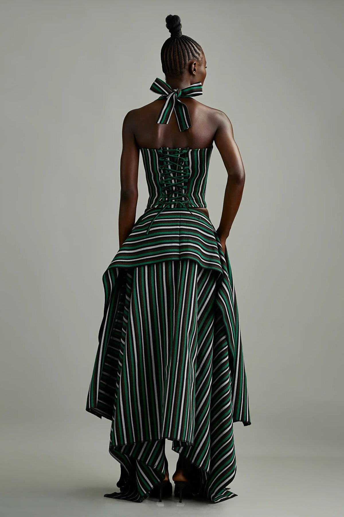 Modern Green Striped Asymmetric High-Low Skirt