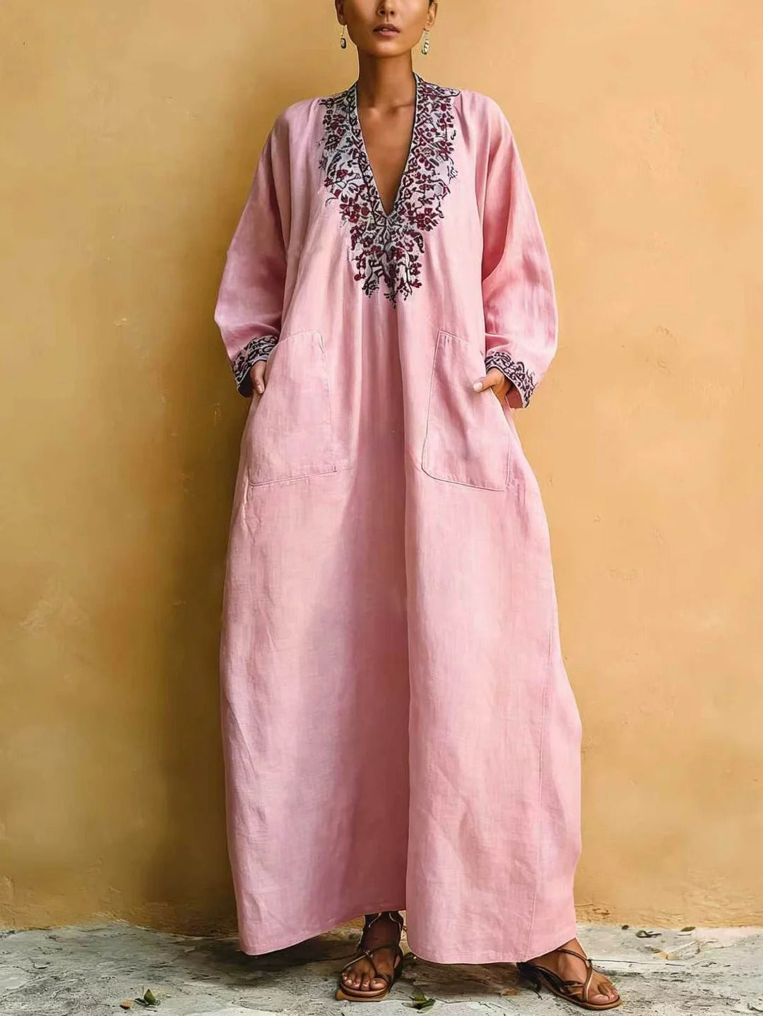 Pink Clean-Lined Holiday Print V-Neck Loose Maxi-Length Dress