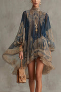 Navy Blue Baroque Print High-neck Irregular Chiffon Mini-Length Dress