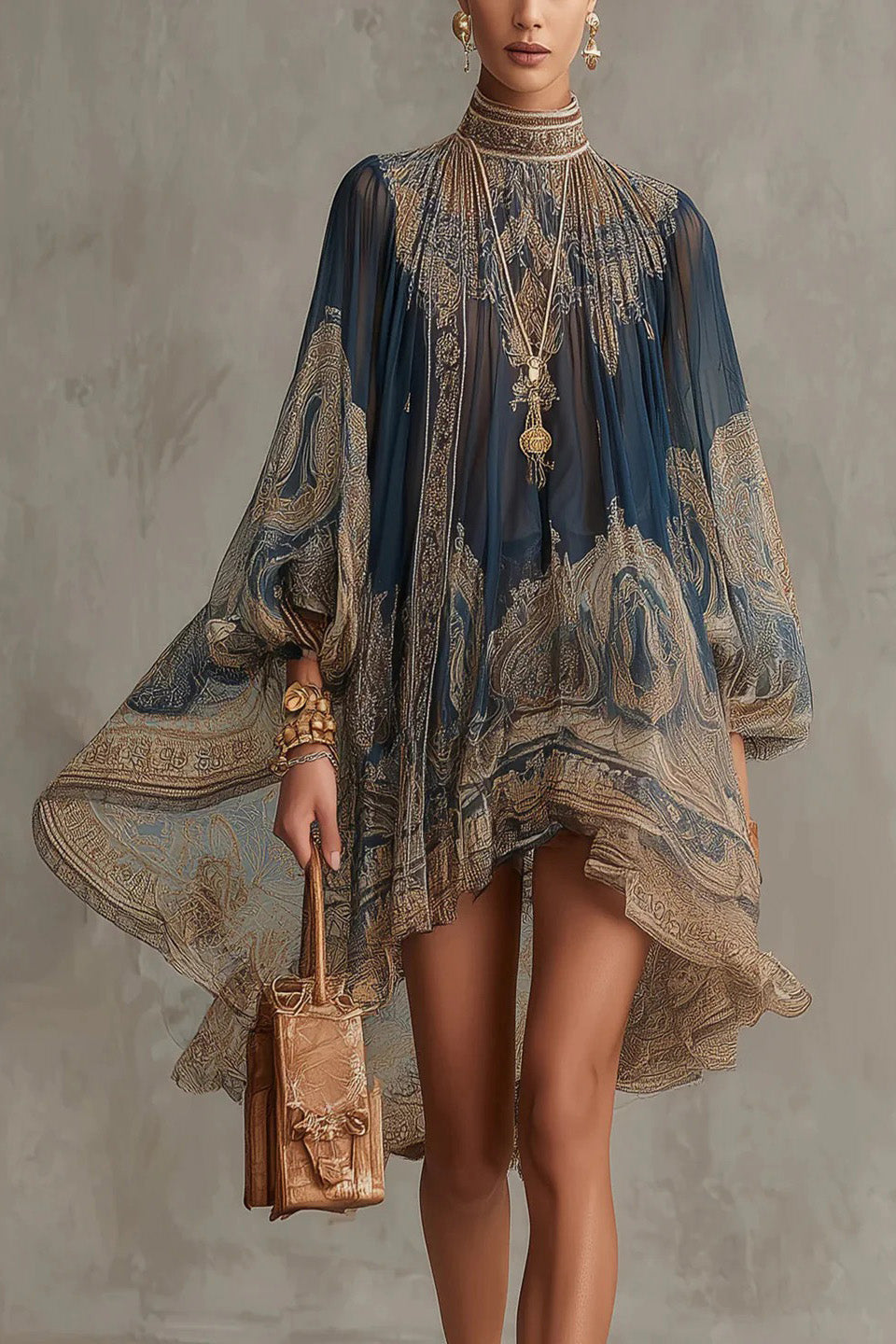 Navy Blue Baroque Print High-neck Irregular Chiffon Mini-Length Dress