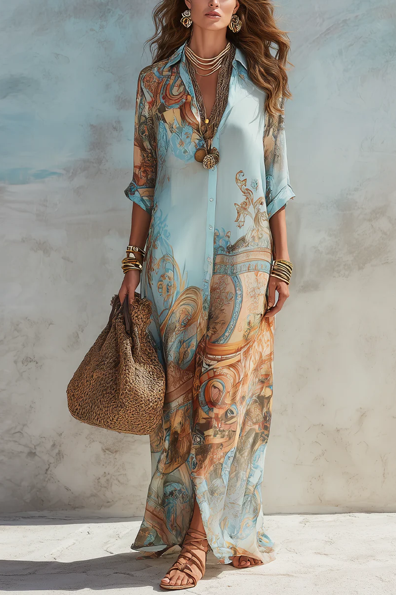 Vacation Blue Flower Print Shirt Maxi-Length Dress