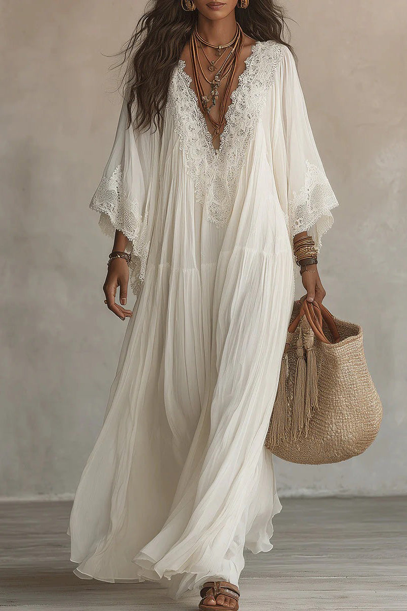 White Lace V-Neck Batwing Sleeve Chiffon Maxi-Length Dress