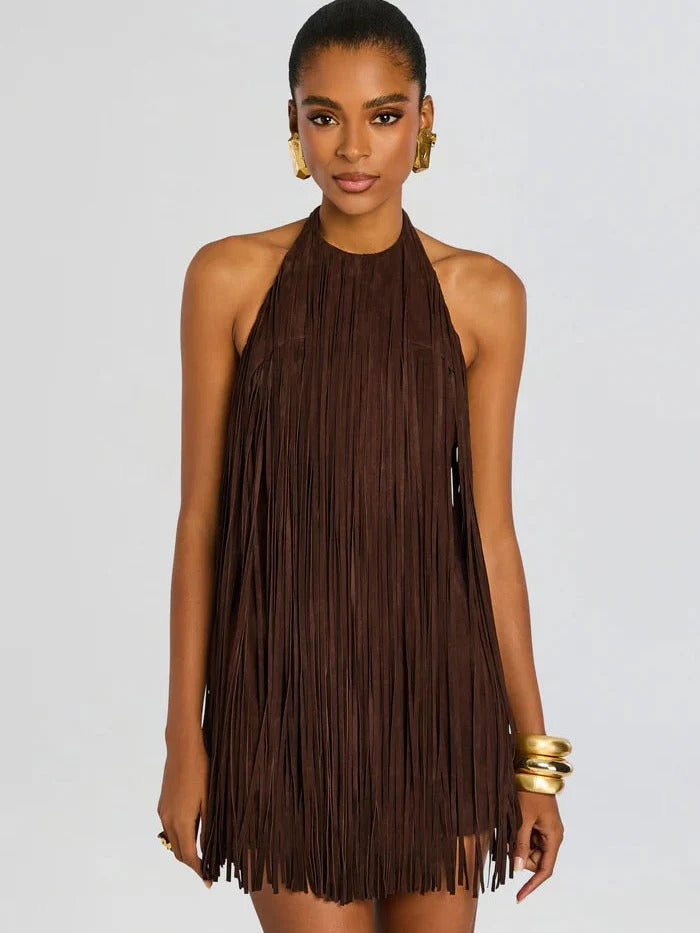 Halter-Style Tassels Faux Sued Mini-Length Dress