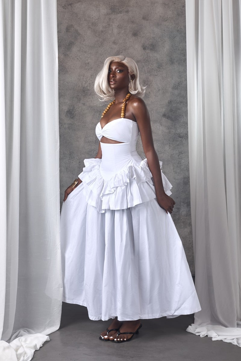 White Corset Tiered Ruffled Maxi-Length Dress