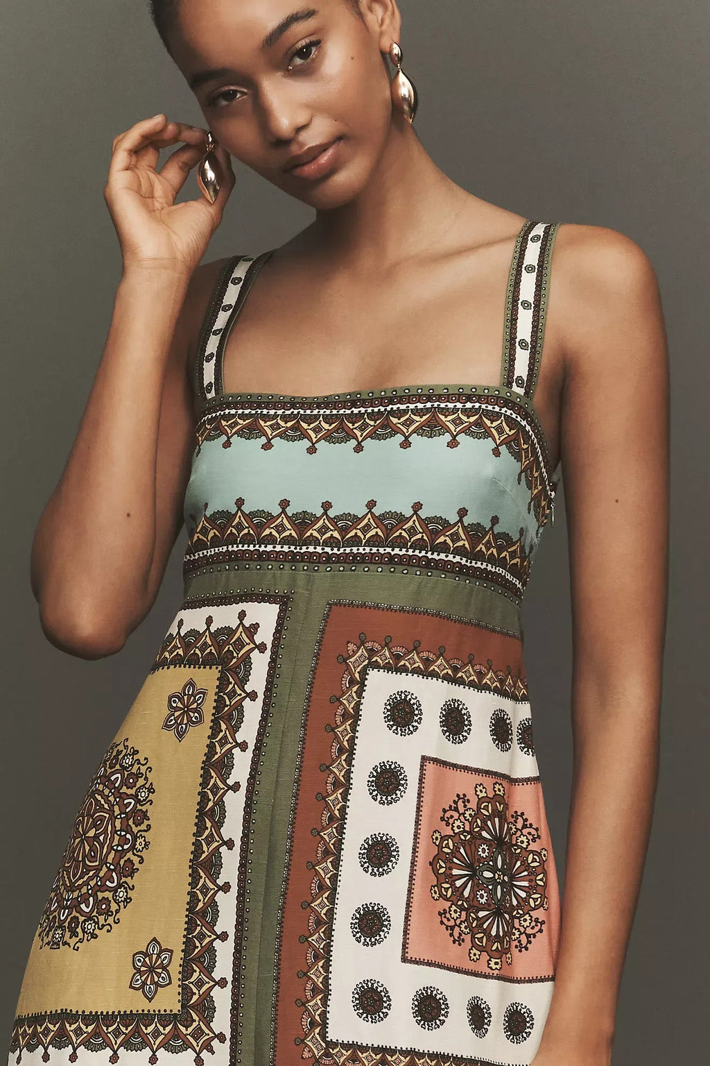 Patchwork Geometric Print Strap Midi-Length Dress