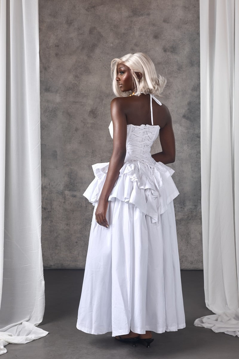 White Corset Tiered Ruffled Maxi-Length Dress
