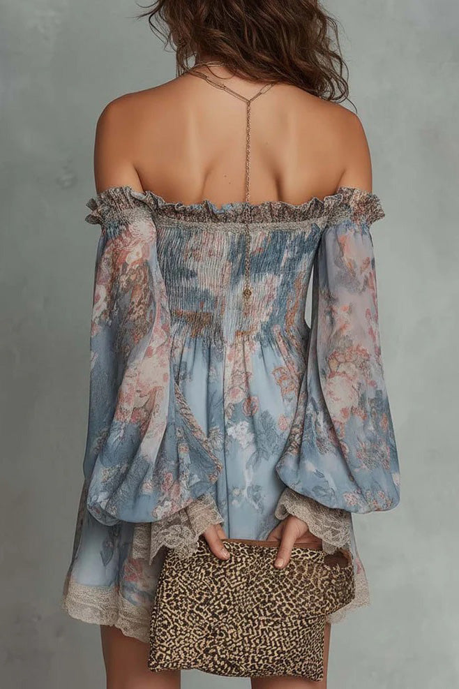 Retro Flower Off-Shoulder Long Sleeve Mini-Length Dress