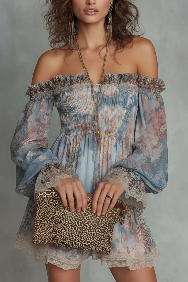 Retro Flower Off-Shoulder Long Sleeve Mini-Length Dress