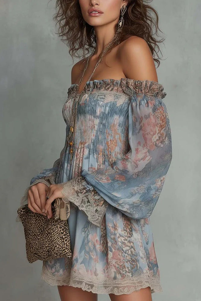 Retro Flower Off-Shoulder Long Sleeve Mini-Length Dress