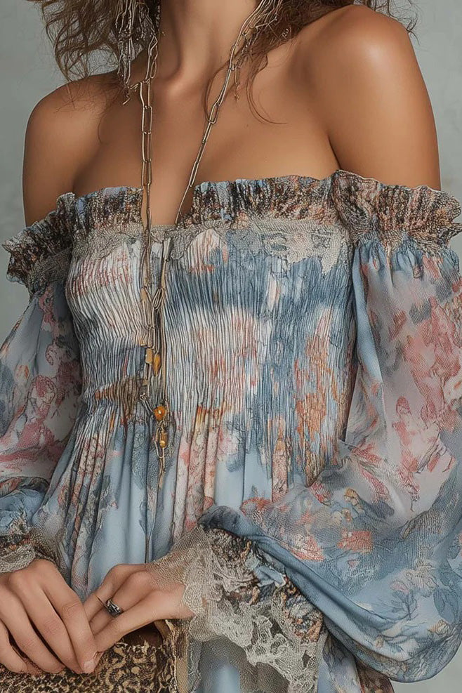 Retro Flower Off-Shoulder Long Sleeve Mini-Length Dress
