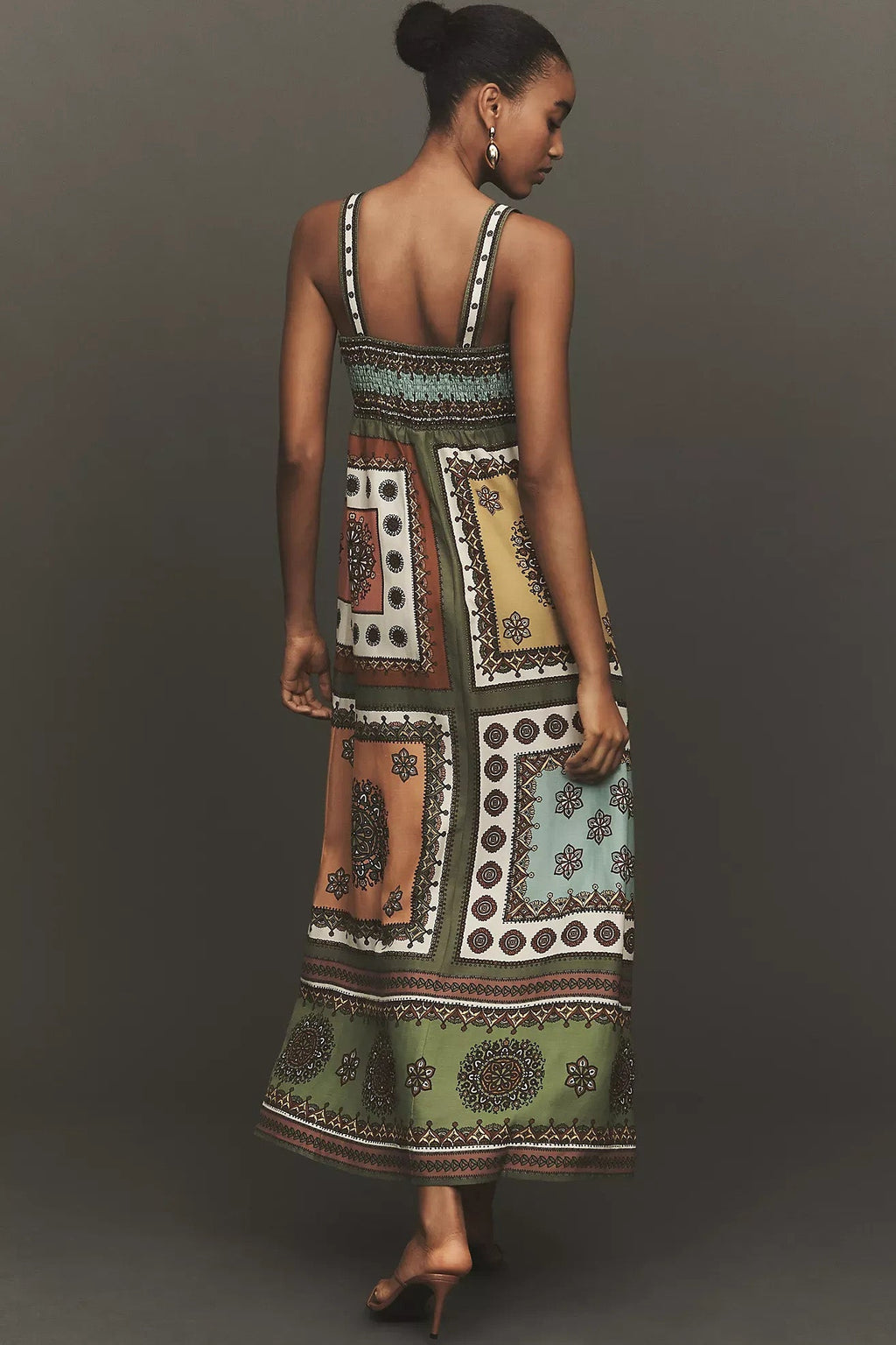 Patchwork Geometric Print Strap Midi-Length Dress