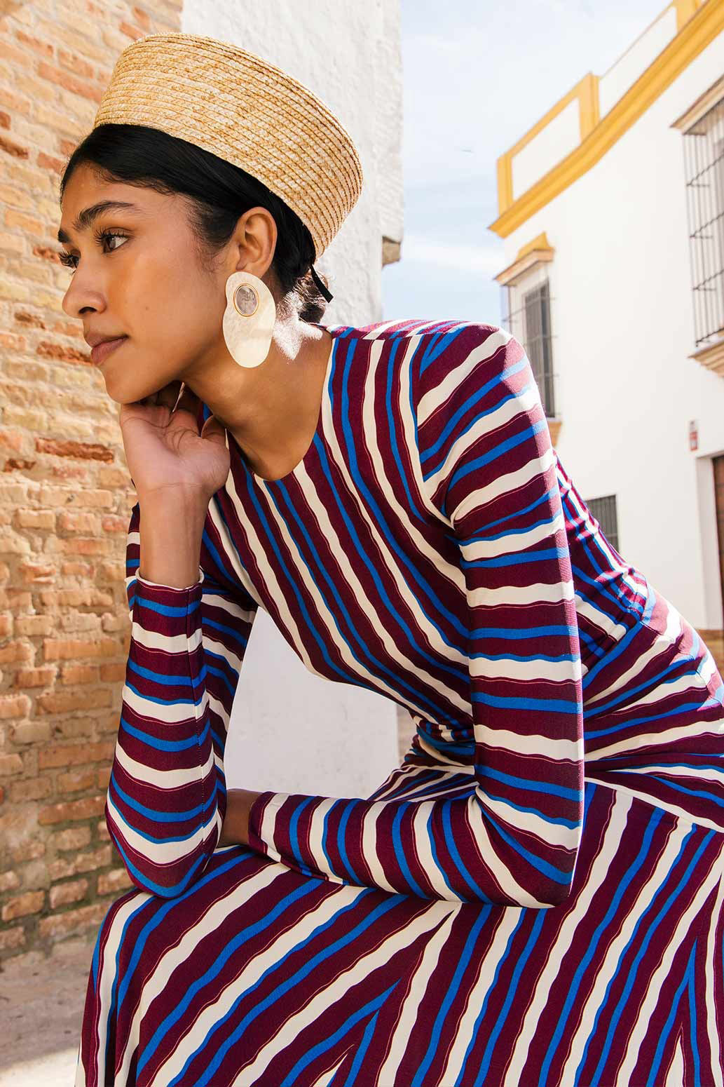 Color Block Stripe Long Sleeve Maxi-Length Dress