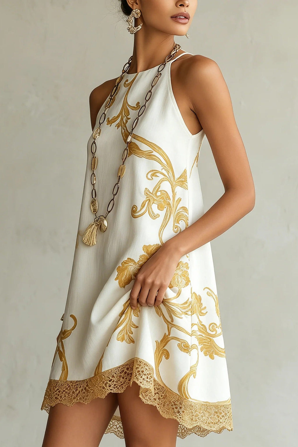 Golden Flower Halter A-Line Mini-Length Dress