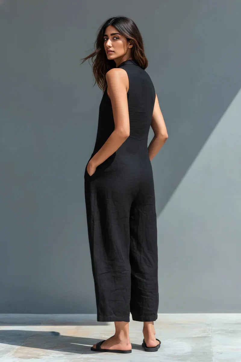 Modern Black Linen-Blend Stand Collar Sleeveless Jumpsuit